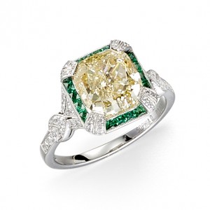 Platinum Fancy Yellow Diamond & Emerald Ring